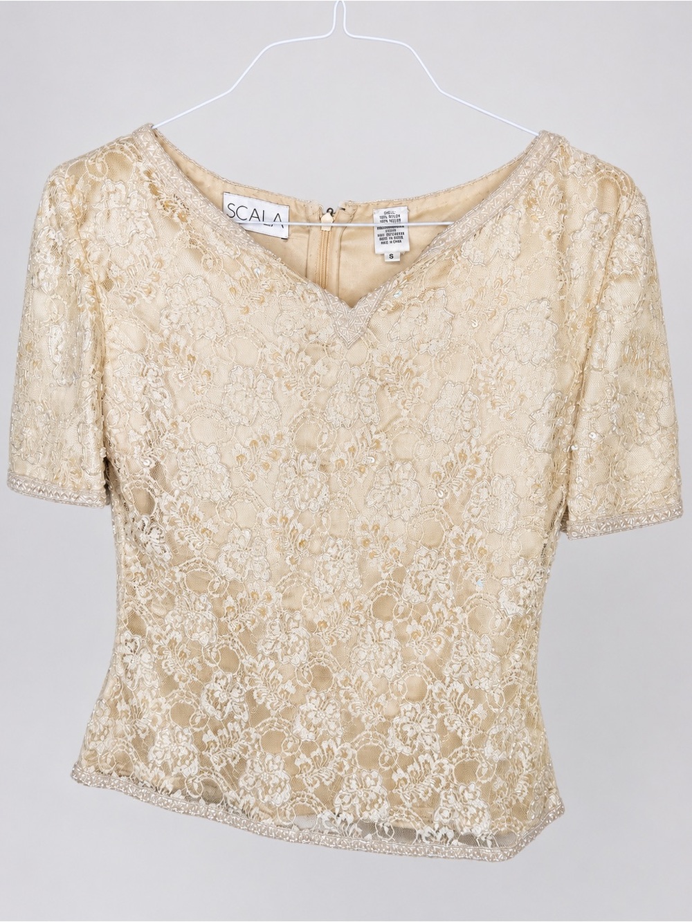 SCALA Beaded Lace Top Size S Champagne Ivory Sequin Formal Evening Blouse